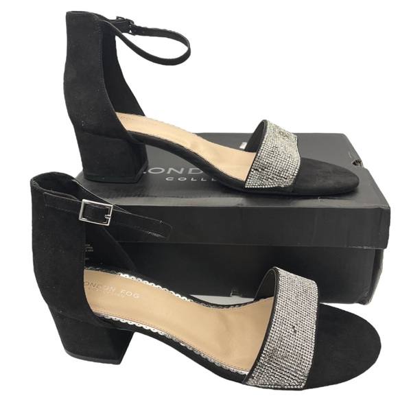 London Fog Shoes - London Fog Nikki2 suede rhinestone block heel black sandals women’s Size 10W